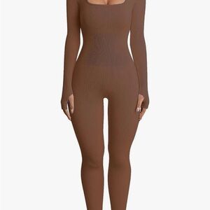 Brown Ribbed Long Sleeve Jumpsuit